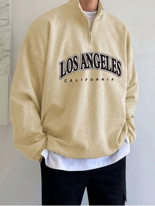 Manfinity Hypemode Men Letter Graphic Quarter Zipper Drop Shoulder Loose Sweatshirt without Tee, Light Grey Letter Long Sleeve Casual Mock Neck Sweatshirt, for Friends, Husband, Boyfriend Gifts, Back to School