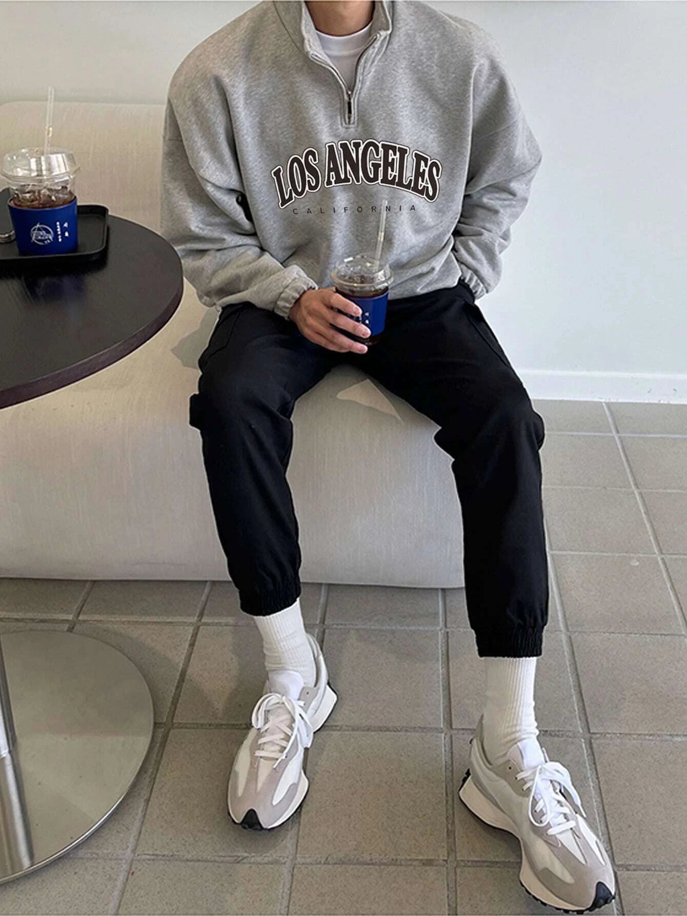 Manfinity Hypemode Men Letter Graphic Quarter Zipper Drop Shoulder Loose Sweatshirt without Tee, Light Grey Letter Long Sleeve Casual Mock Neck Sweatshirt, for Friends, Husband, Boyfriend Gifts, Back to School