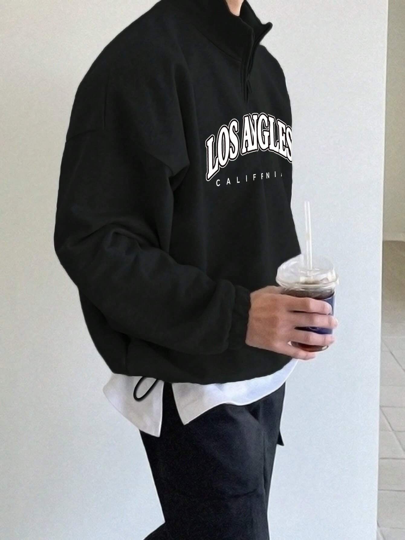 Manfinity Hypemode Men Letter Graphic Quarter Zipper Drop Shoulder Loose Sweatshirt without Tee, Light Grey Letter Long Sleeve Casual Mock Neck Sweatshirt, for Friends, Husband, Boyfriend Gifts, Back to School