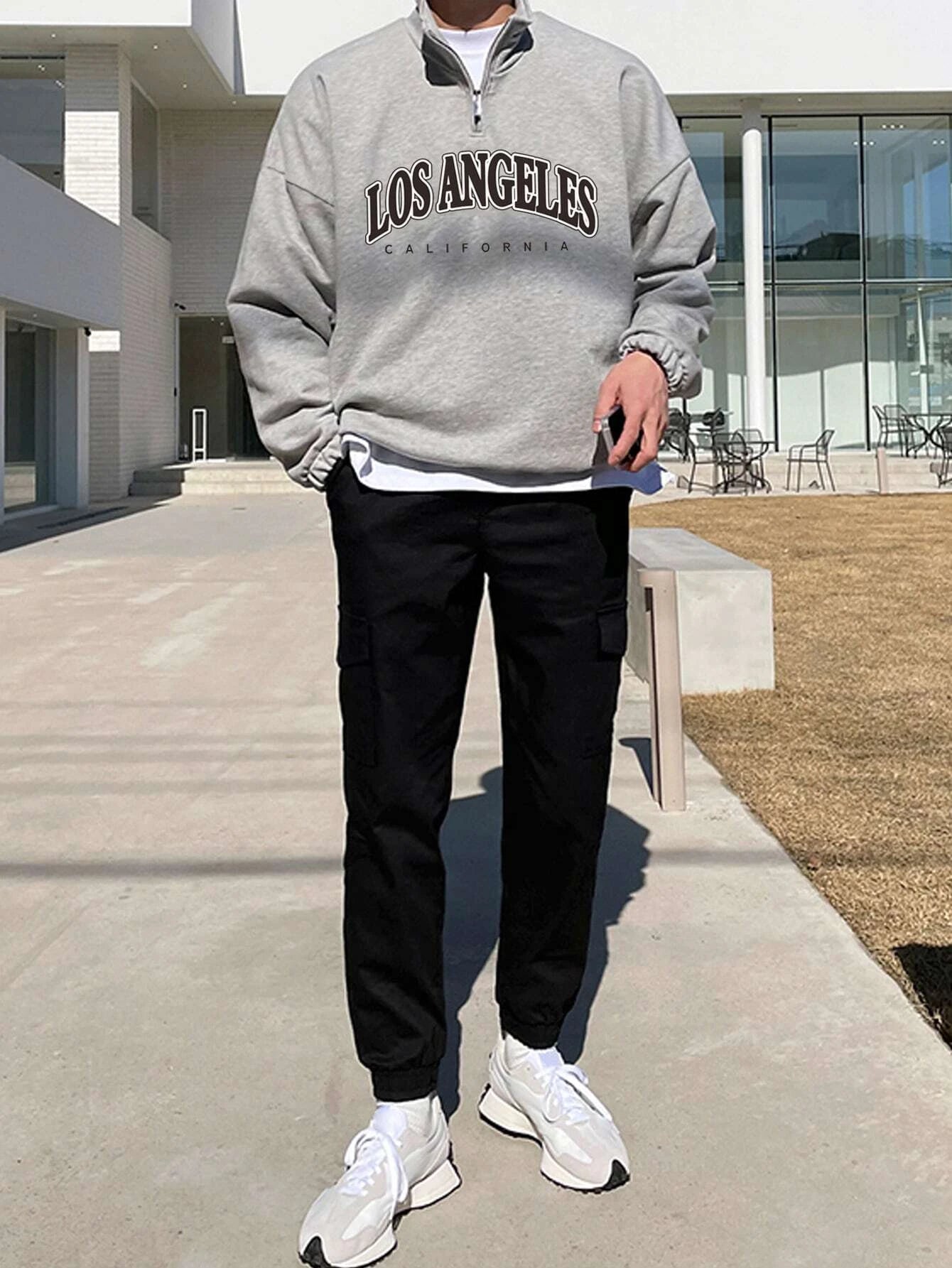 Manfinity Hypemode Men Letter Graphic Quarter Zipper Drop Shoulder Loose Sweatshirt without Tee, Light Grey Letter Long Sleeve Casual Mock Neck Sweatshirt, for Friends, Husband, Boyfriend Gifts, Back to School