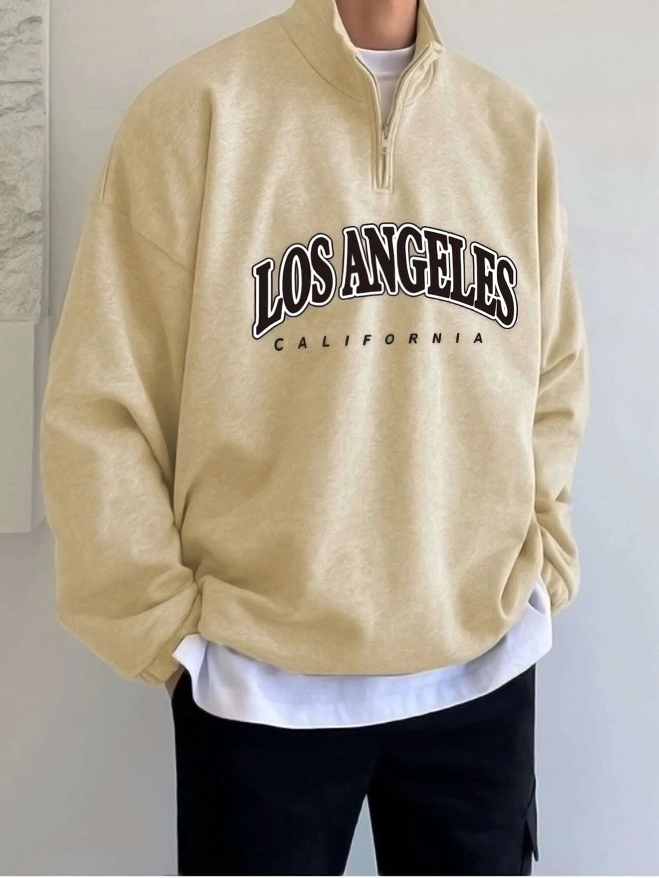 Manfinity Hypemode Men Letter Graphic Quarter Zipper Drop Shoulder Loose Sweatshirt without Tee, Light Grey Letter Long Sleeve Casual Mock Neck Sweatshirt, for Friends, Husband, Boyfriend Gifts, Back to School