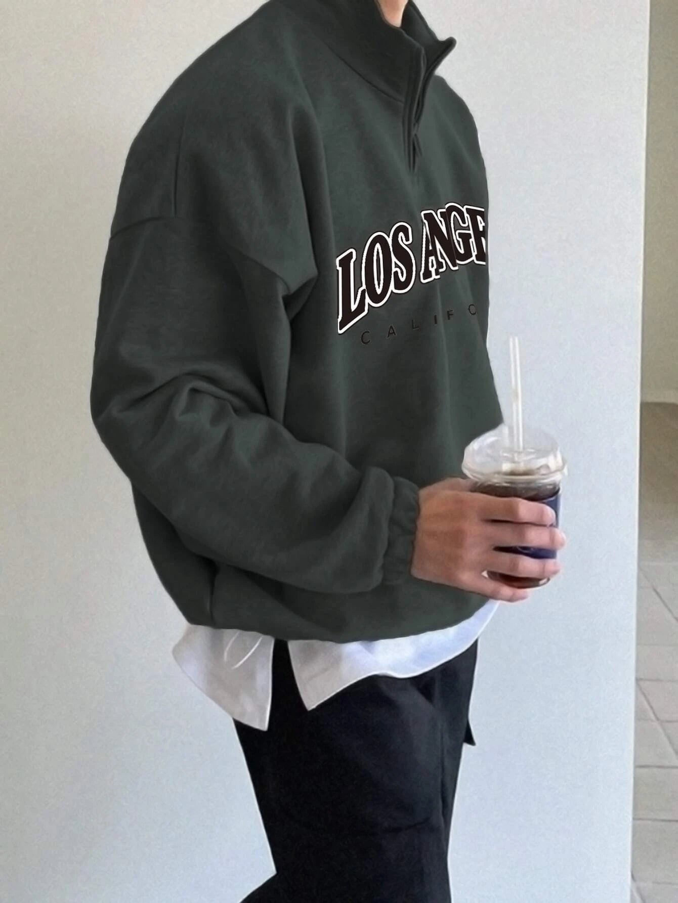 Manfinity Hypemode Men Letter Graphic Quarter Zipper Drop Shoulder Loose Sweatshirt without Tee, Light Grey Letter Long Sleeve Casual Mock Neck Sweatshirt, for Friends, Husband, Boyfriend Gifts, Back to School