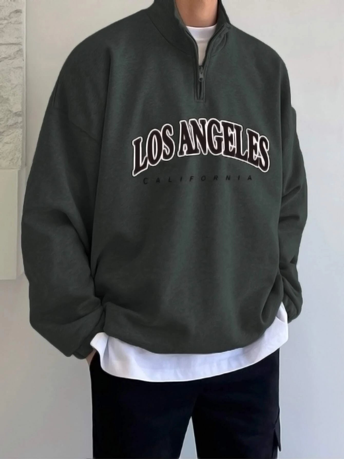 Manfinity Hypemode Men Letter Graphic Quarter Zipper Drop Shoulder Loose Sweatshirt without Tee, Light Grey Letter Long Sleeve Casual Mock Neck Sweatshirt, for Friends, Husband, Boyfriend Gifts, Back to School