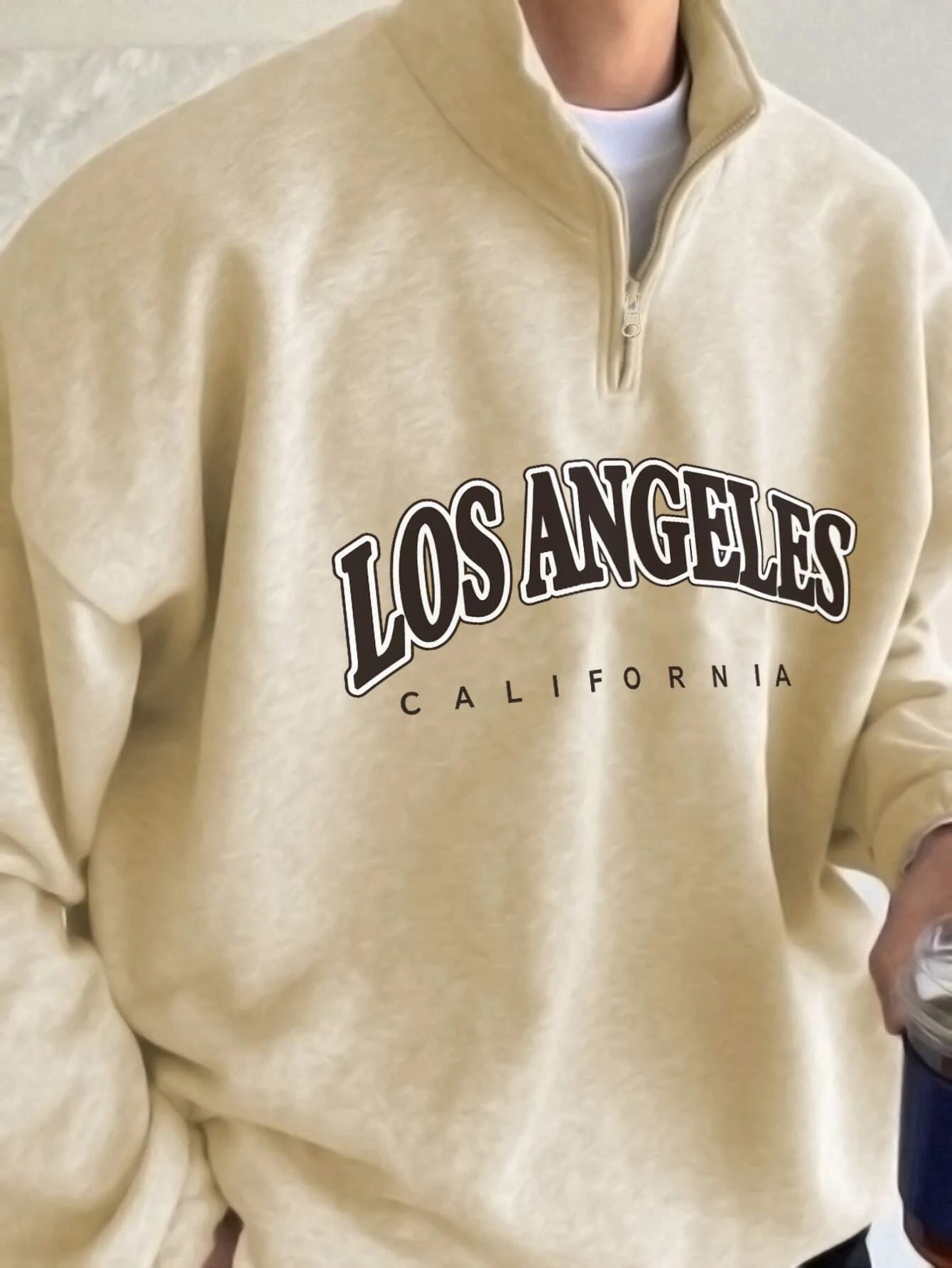 Manfinity Hypemode Men Letter Graphic Quarter Zipper Drop Shoulder Loose Sweatshirt without Tee, Light Grey Letter Long Sleeve Casual Mock Neck Sweatshirt, for Friends, Husband, Boyfriend Gifts, Back to School